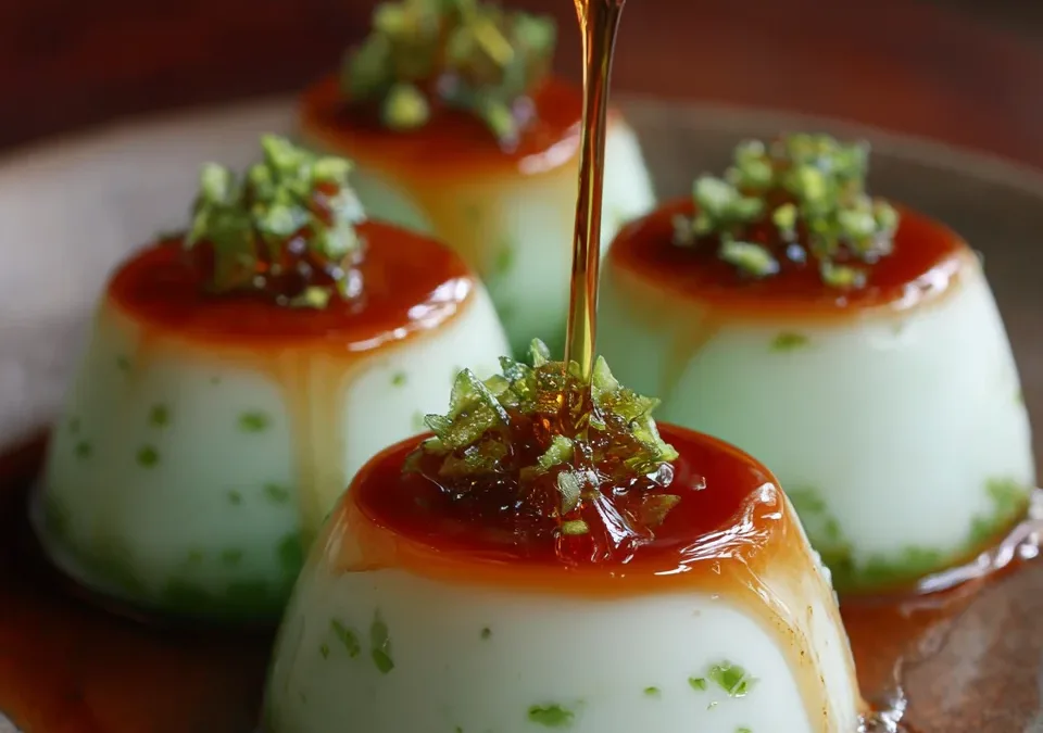 Coconut pandan puddings with gula melaka drizzle