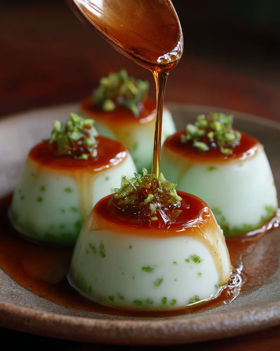 Coconut pandan puddings with gula melaka drizzle