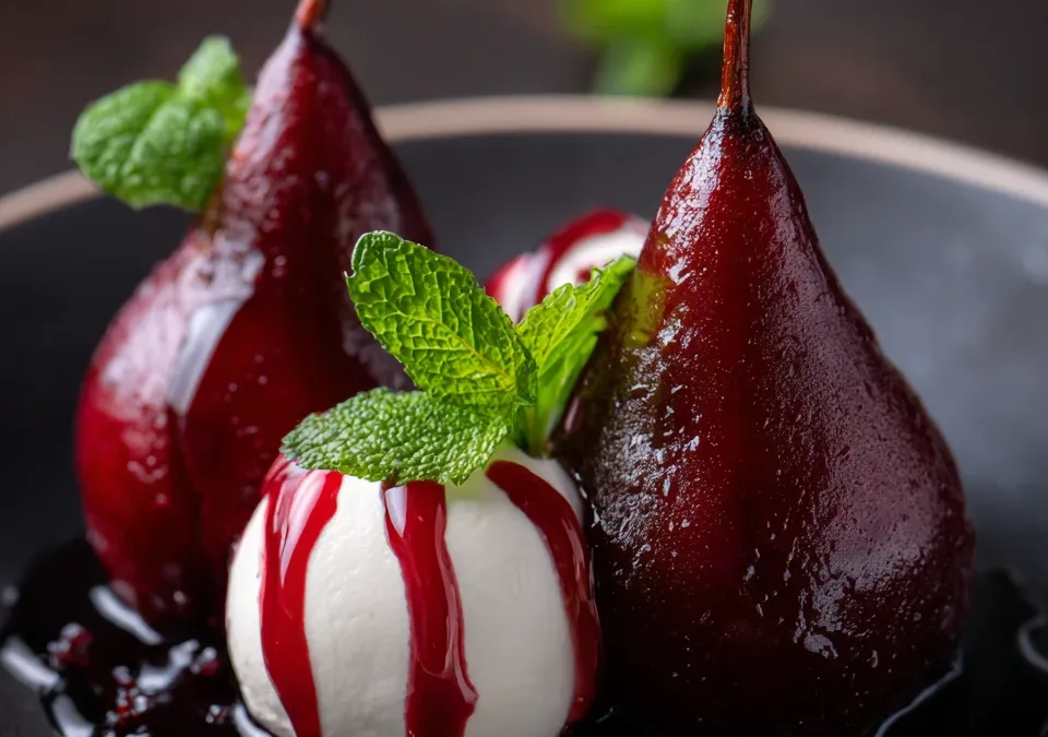 Poached Pears in Red Wine with Mascarpone
