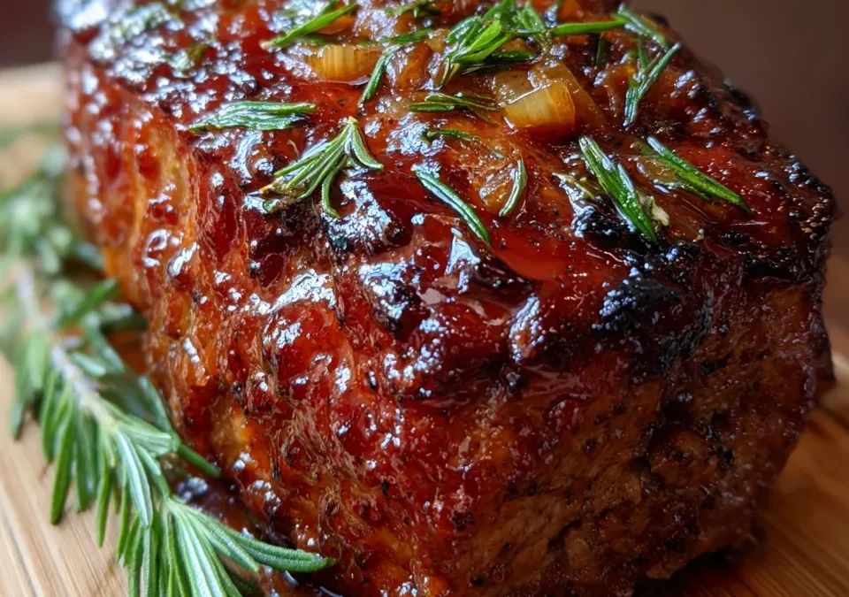 BBQ Bourbon Glazed Meatloaf with Caramelized Onions