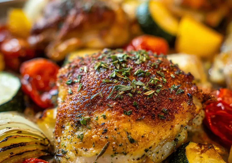 Baked Herb-Crusted Chicken Thighs with Roasted Veggie