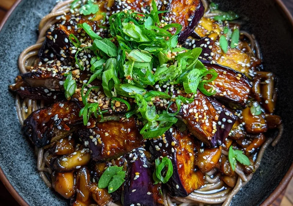 Miso-Glazed Eggplant with Mushroom & Buckwheat Noodle Bowl