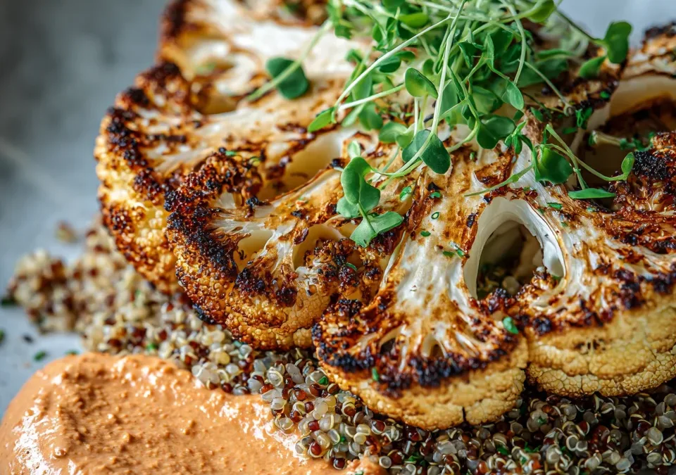 Roasted Cauliflower Steak with Romesco Sauce & Quinoa