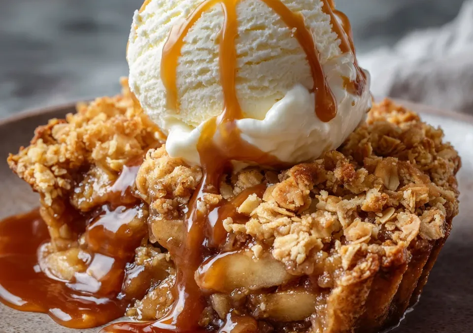 Salted Caramel Apple Crisp with Vanilla Ice Cream