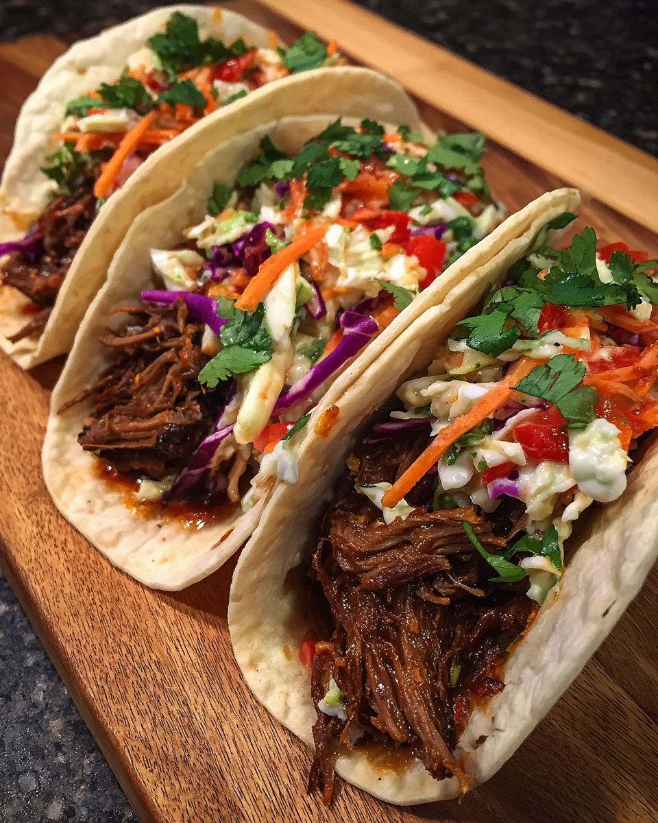 Slow Cooker Beef Brisket Tacos with Spicy Slaw