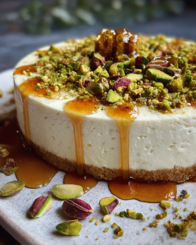 Tahini Halva Cheesecake with Honey & Pistachios