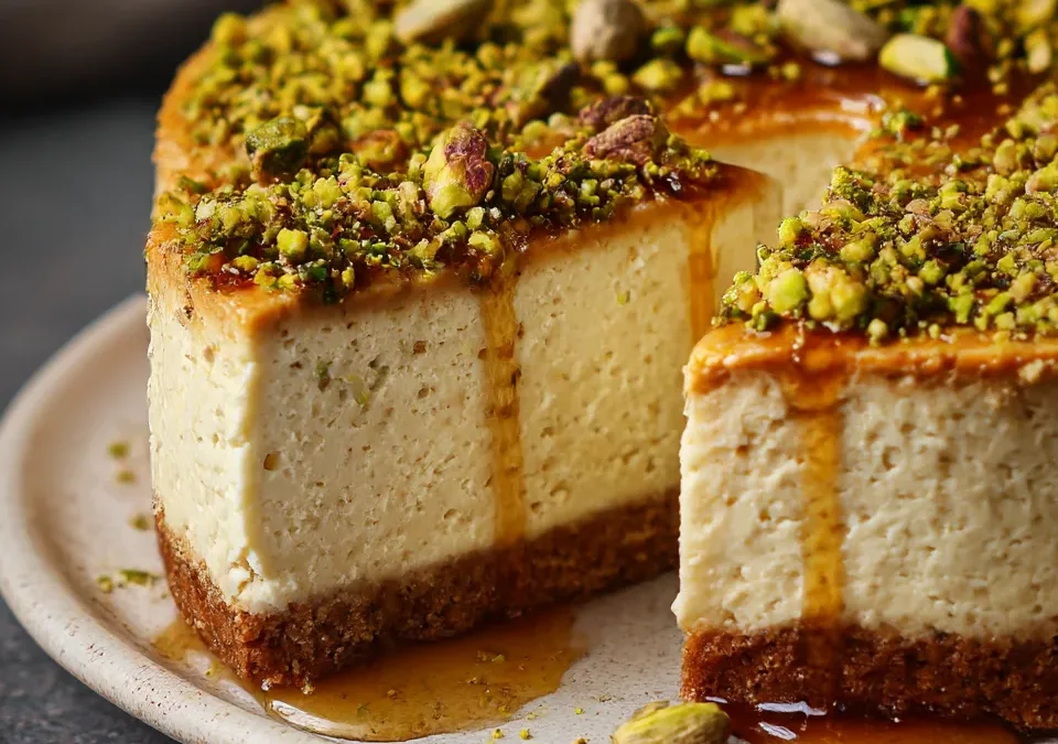 Tahini Halva Cheesecake with Honey & Pistachios