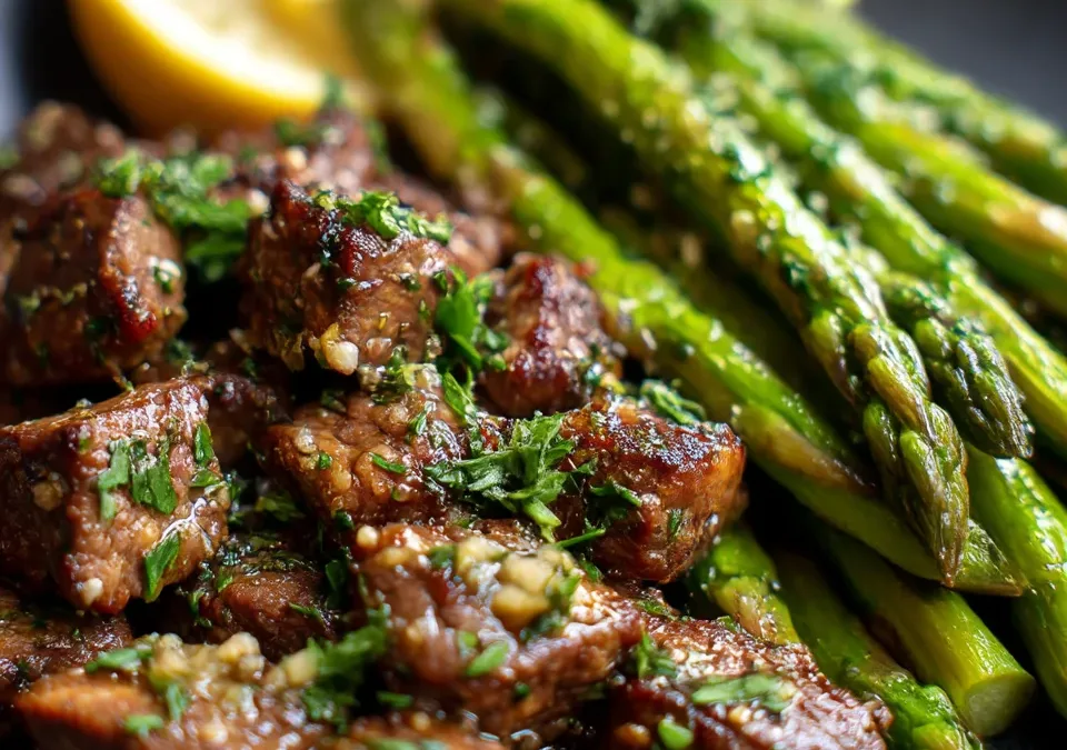 Garlic Butter Steak Bites with Lemon Asparagus