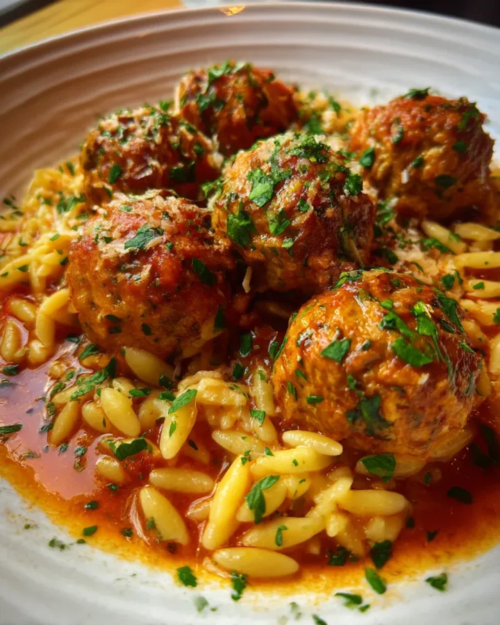Marry Me Meatballs over Orzo