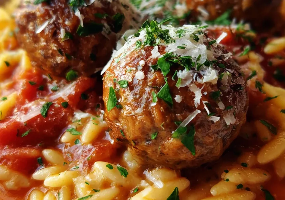 Marry Me Meatballs over Orzo
