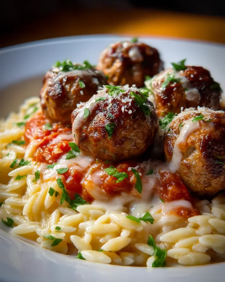 Marry Me Meatballs over Orzo