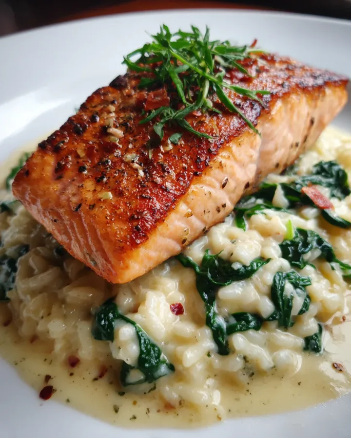 Marry Me Salmon over Creamy Spinach Risotto