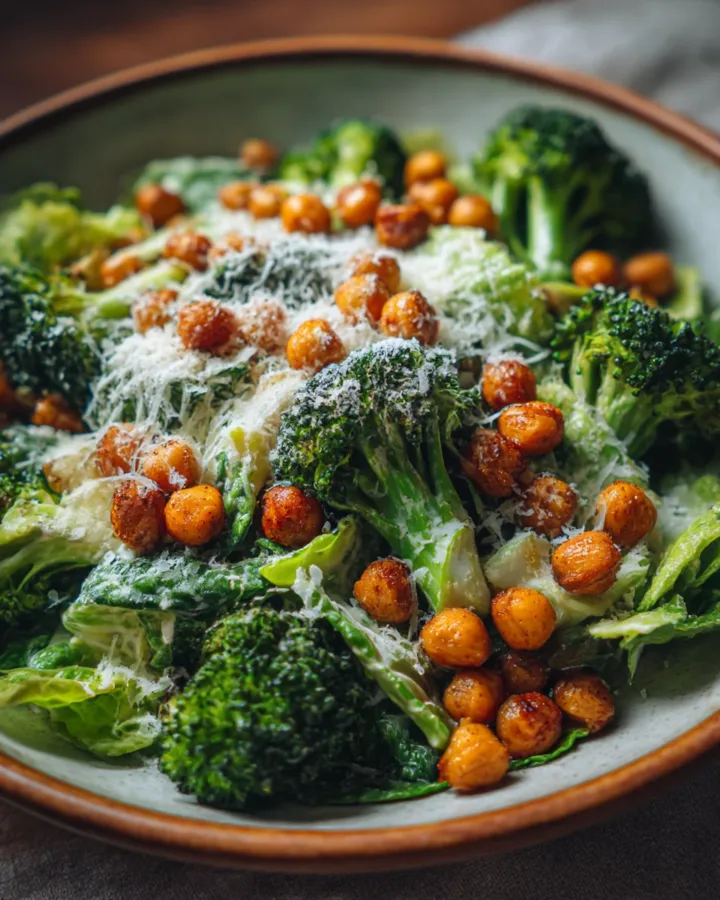 Broccoli Caesar Salad with Crispy Chickpeas