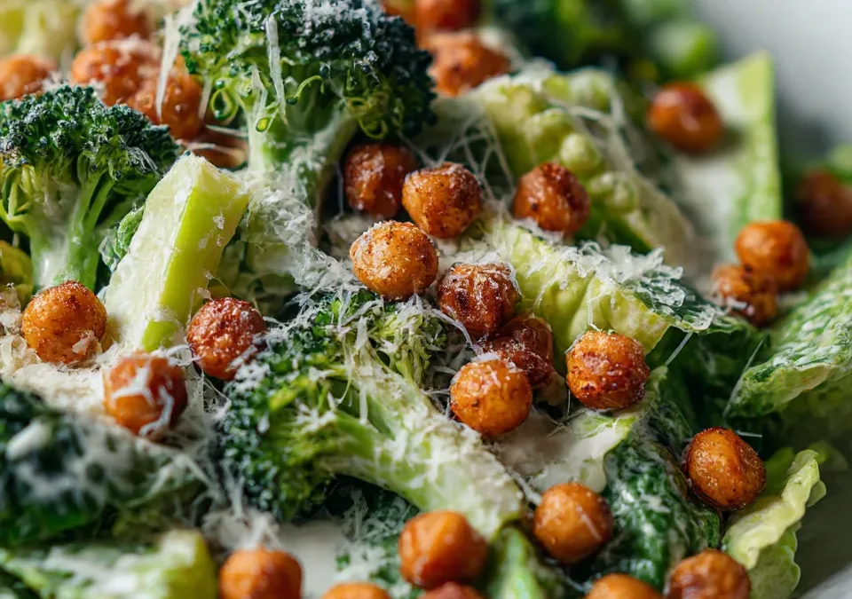 Broccoli Caesar Salad with Crispy Chickpeas