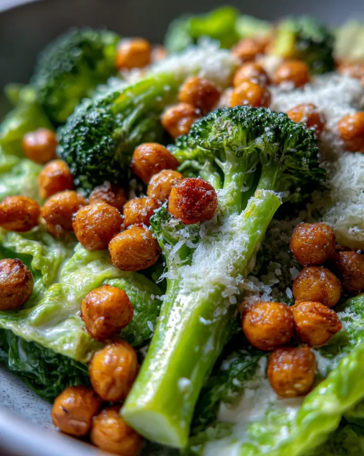 Broccoli Caesar Salad with Crispy Chickpeas