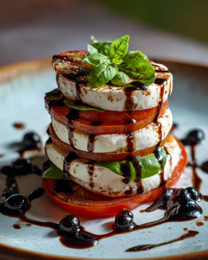Caprese Stack Salad with Balsamic Pearls