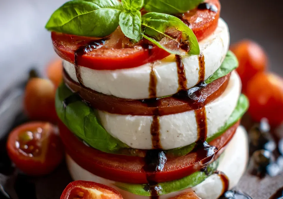 Caprese Stack Salad with Balsamic Pearls