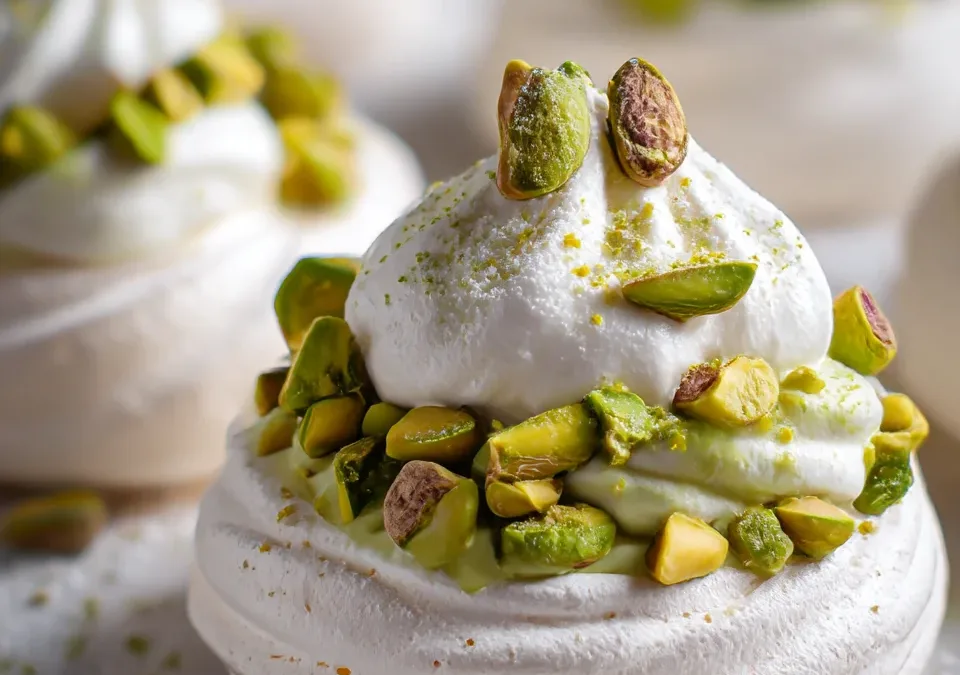 Pistachio Rosewater Pavlova Nests