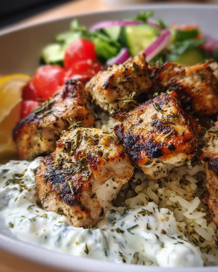 Greek Chicken Souvlaki Bowls with Tzatziki