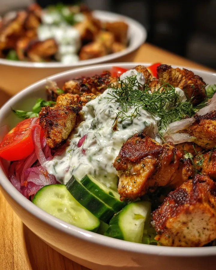 Greek Chicken Souvlaki Bowls with Tzatziki
