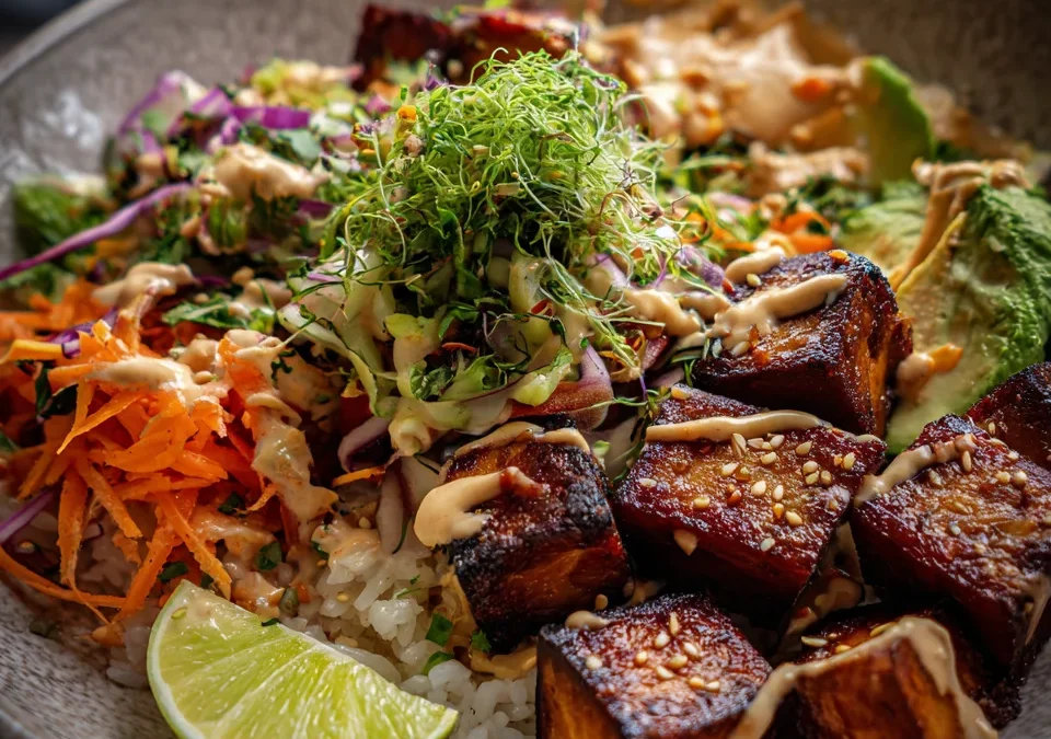 Crispy Tofu Peanut Rice Bowls