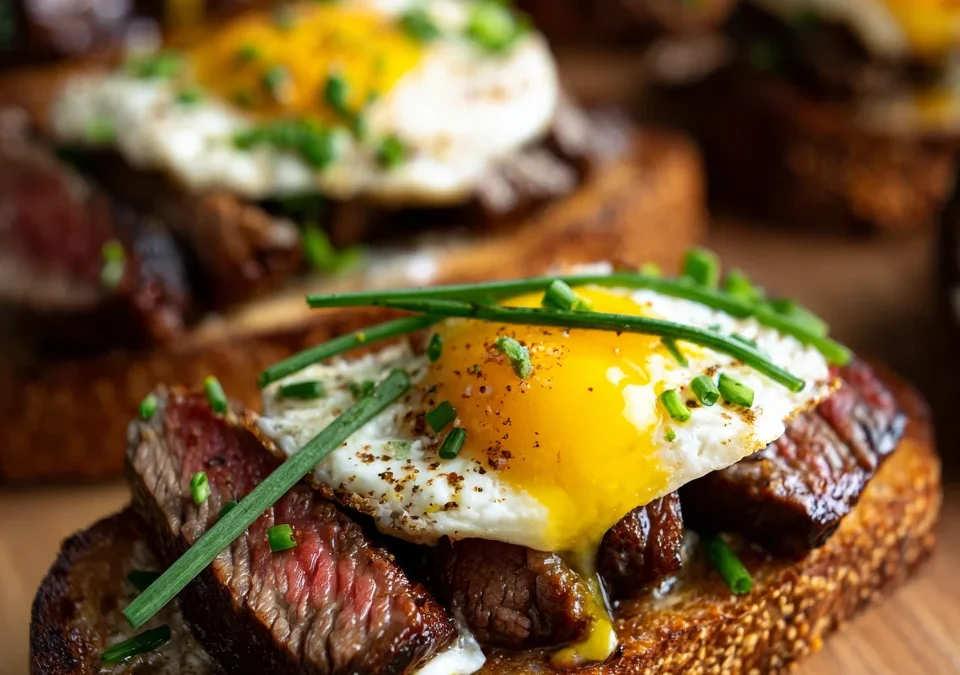 Elevated Steak and Eggs Crostini App
