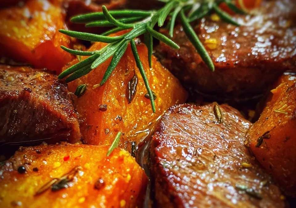 Hot Honey Melting Sweet Potatoes with Steak