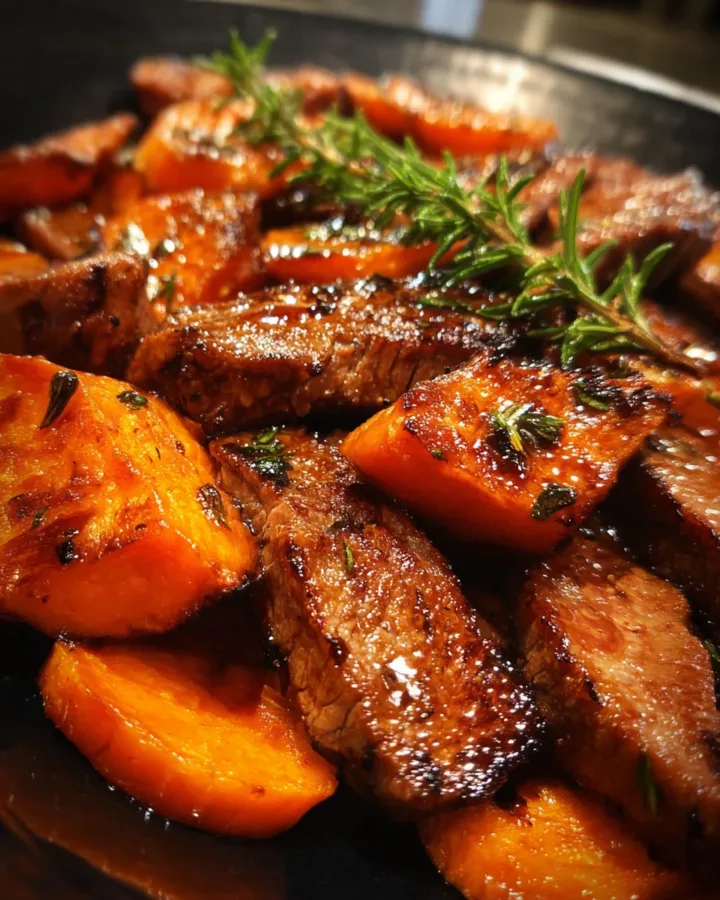Hot Honey Melting Sweet Potatoes with Steak
