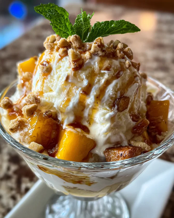 Hot Honey Peach Ice Cream Sundaes