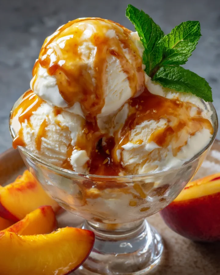 Hot Honey Peach Ice Cream Sundaes