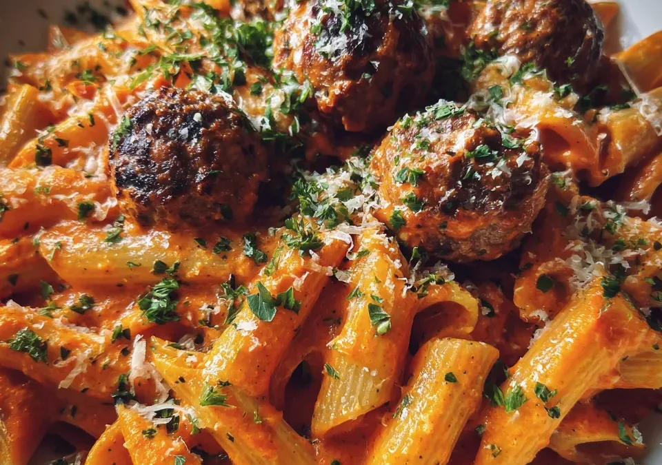 Spicy Penne Alla Vodka with High-Protein Meatballs