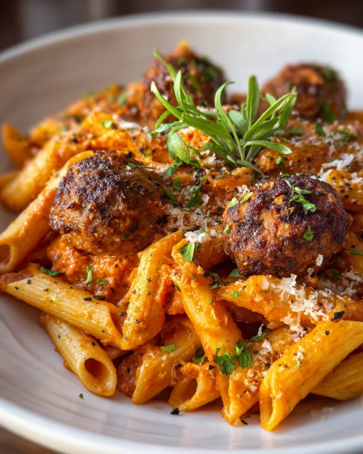 Spicy Penne Alla Vodka with High-Protein Meatballs
