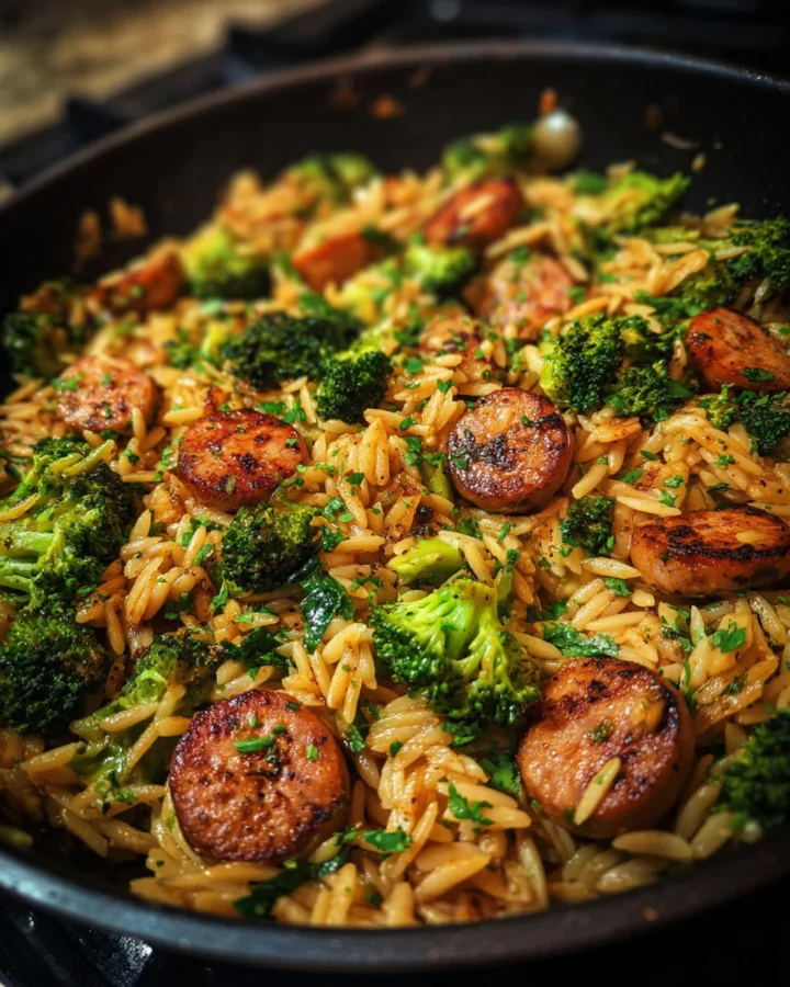 chicken sausage broccoli orzo skillet