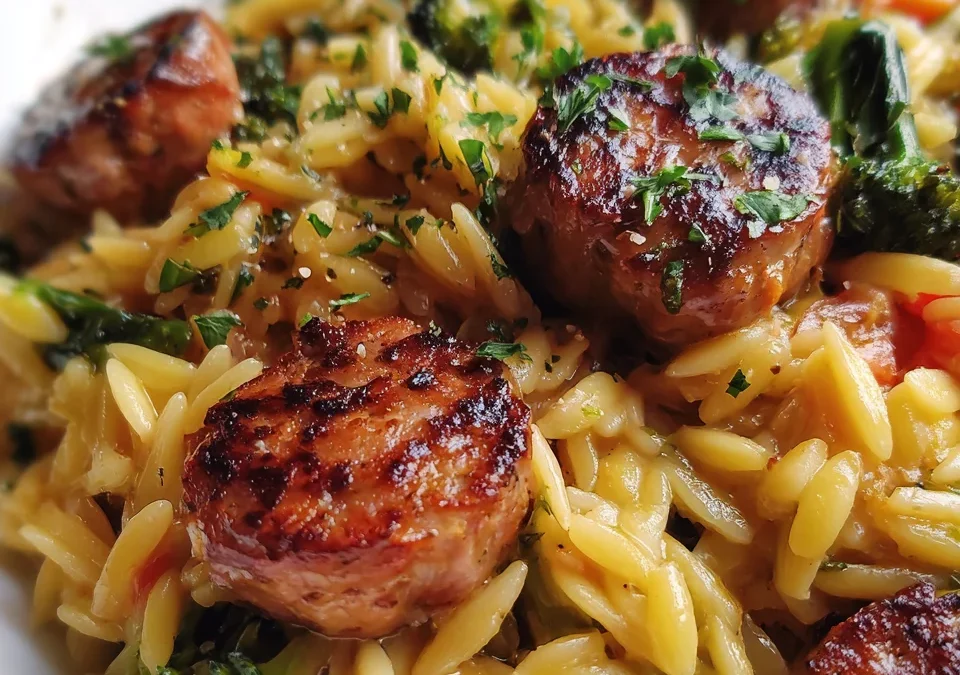 chicken sausage broccoli orzo skillet