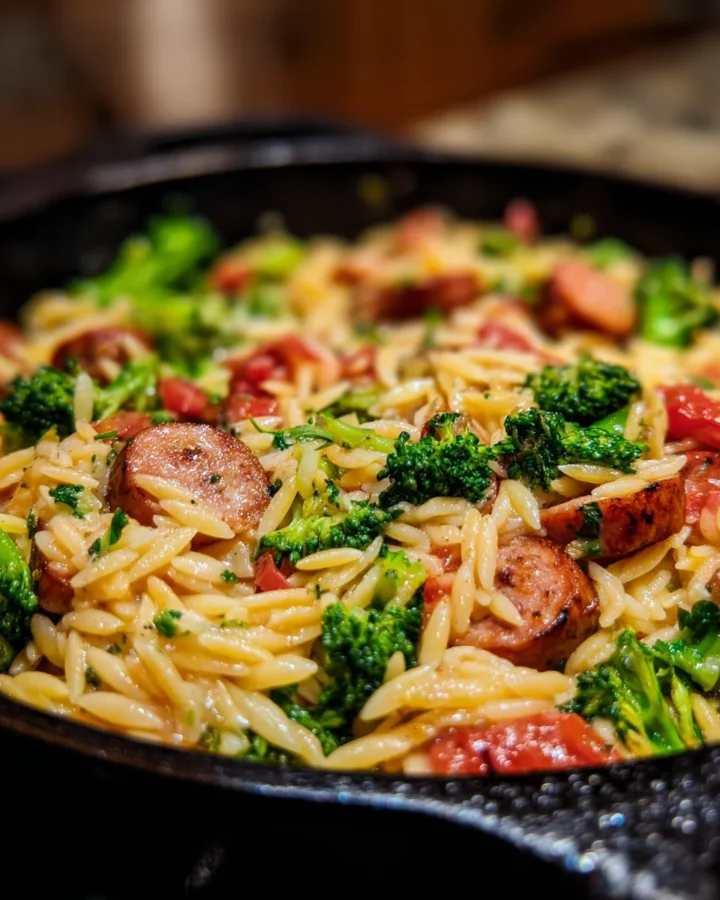 chicken sausage broccoli orzo skillet