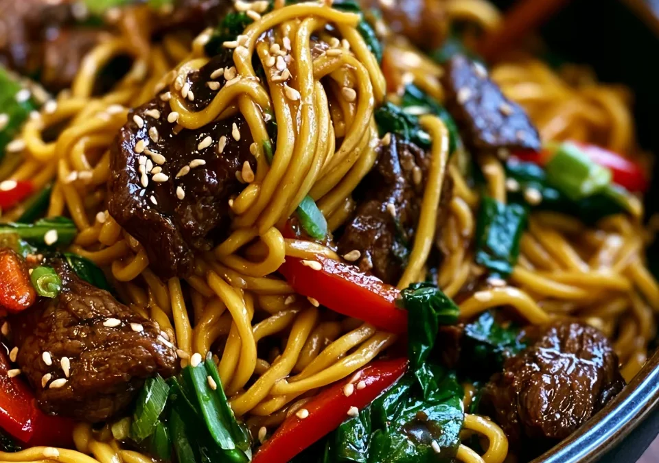 20 minute sticky sesame beef noodles