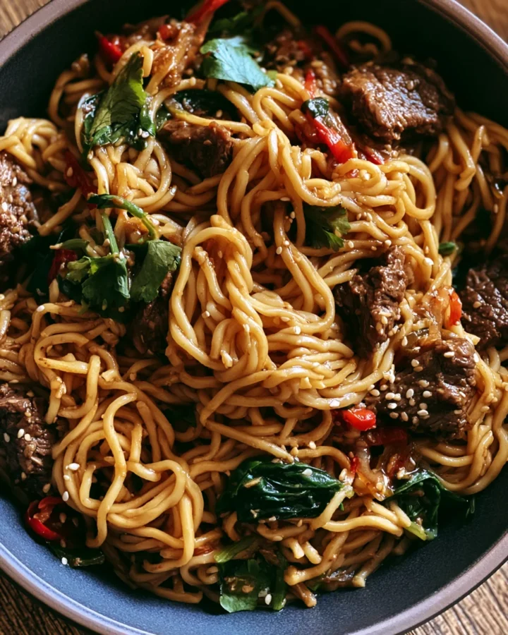 20 minute sticky sesame beef noodles