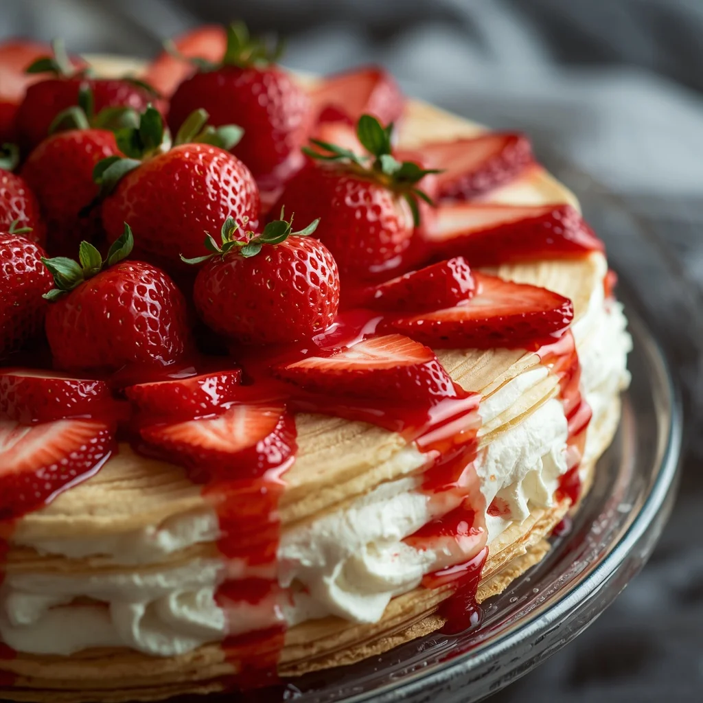 Aesthetic Strawberries and Cream Crepe Cake