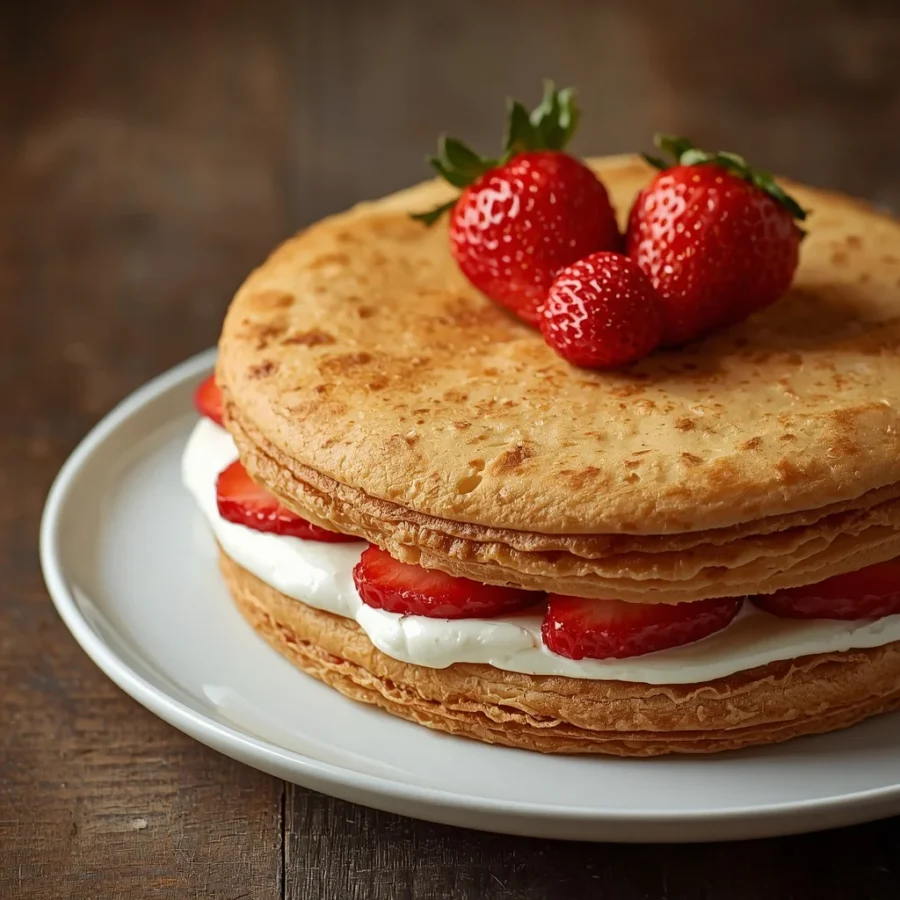 Aesthetic Strawberries and Cream Crepe Cake