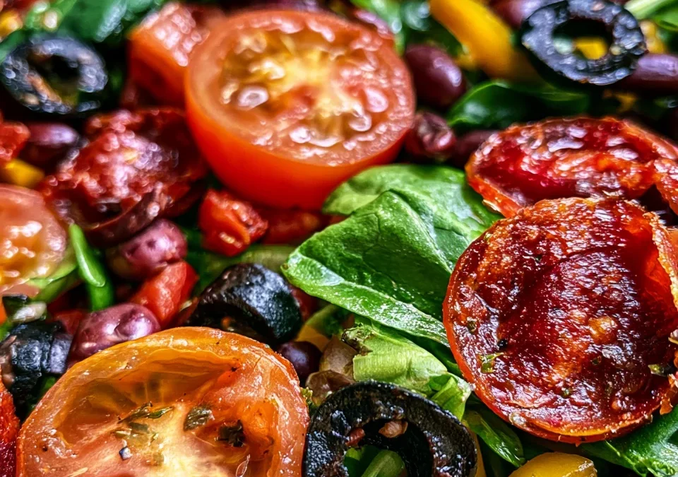 Dense Bean Salad with Crispy Halal Pepperoni