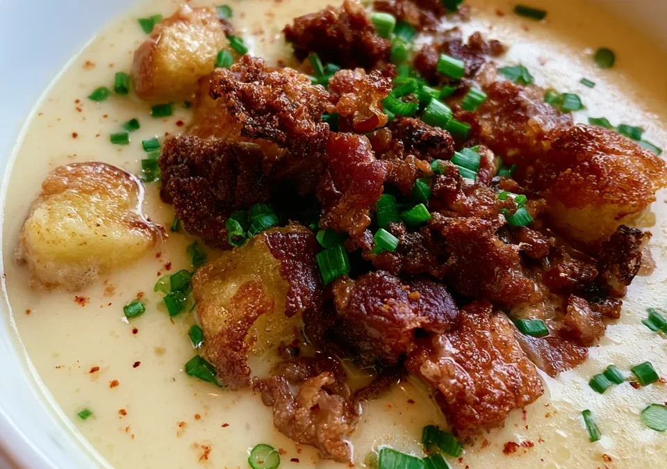 Loaded Baked Potato Soup with Crispy Beef Bacon