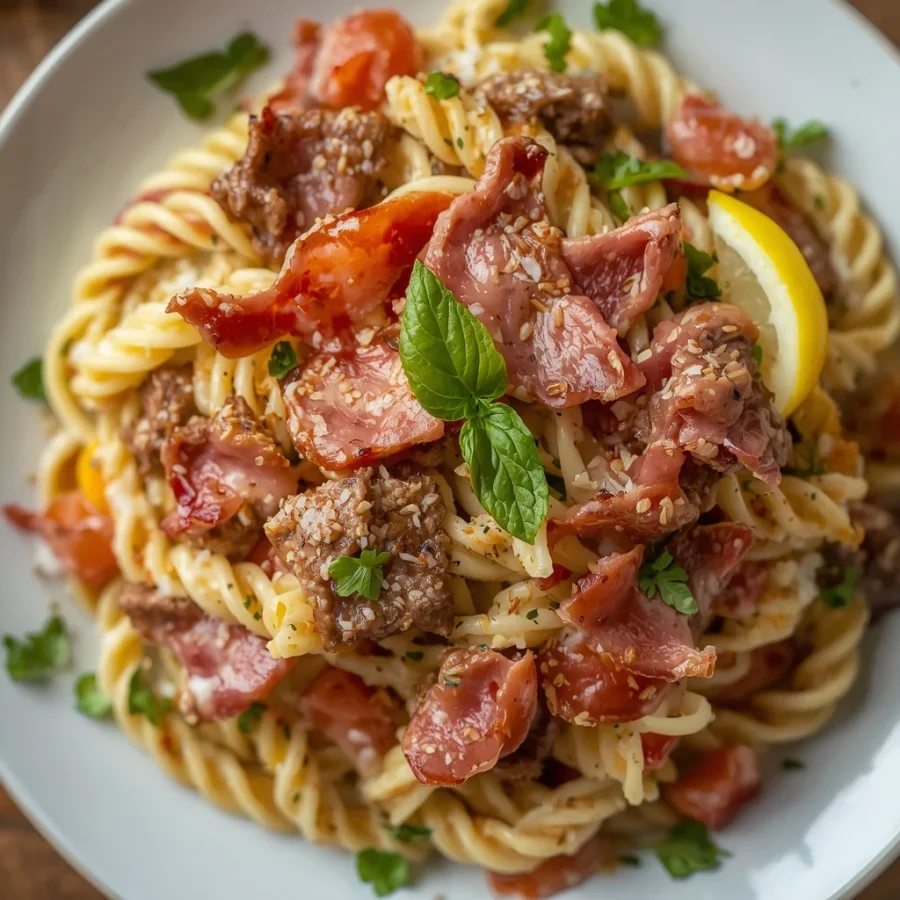 Beef Bacon Carbonara Pasta Salad