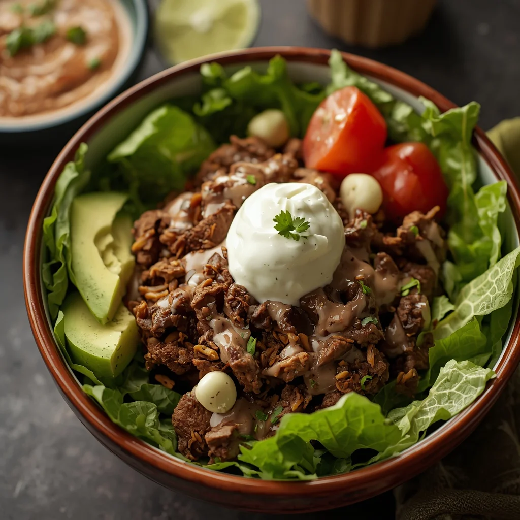 Birria Halal Beef Salad Bowls with Consommé Dip