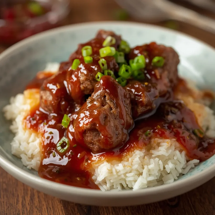 Crispy Sticky Mongolian Beef Meatballs over Rice