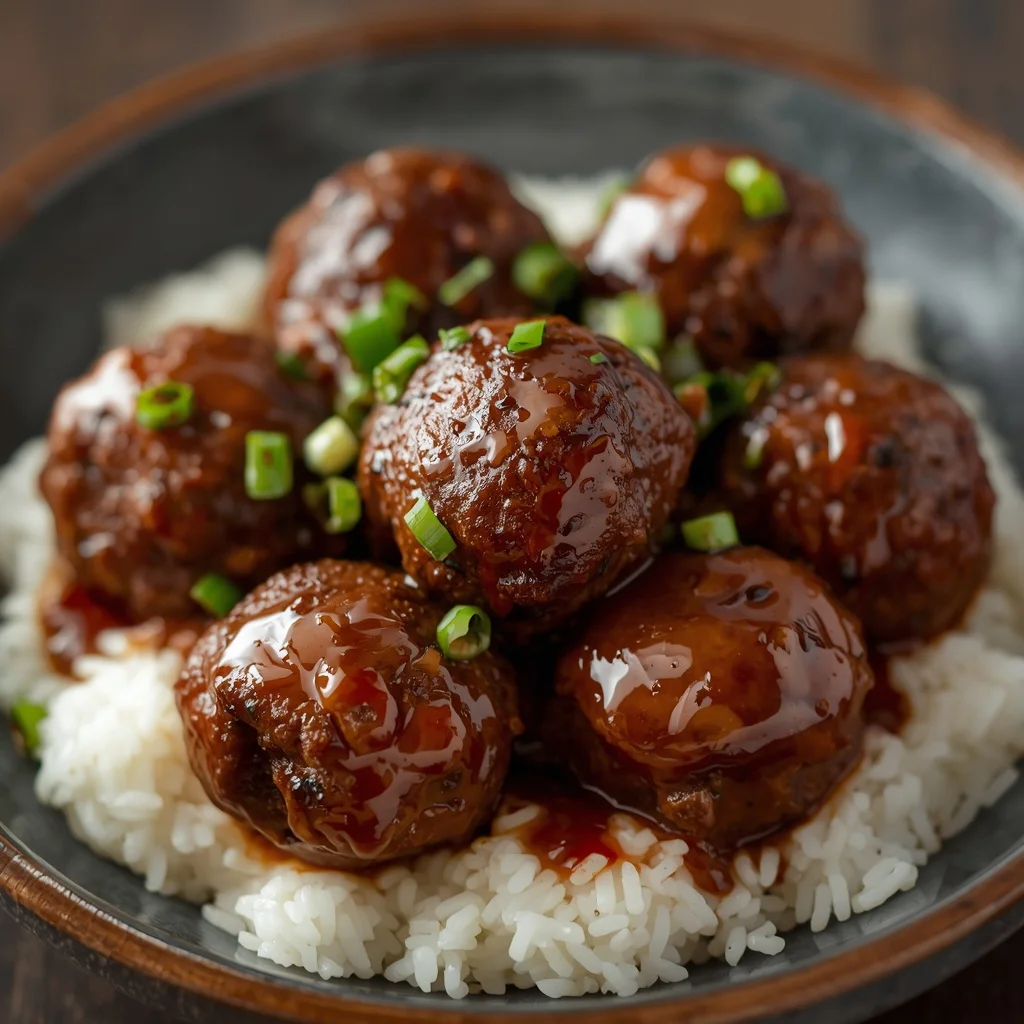 Crispy Sticky Mongolian Beef Meatballs over Rice