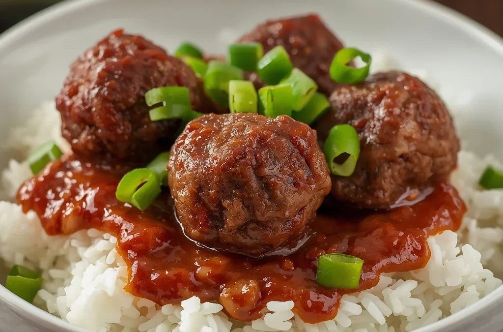 Crispy Sticky Mongolian Beef Meatballs over Rice