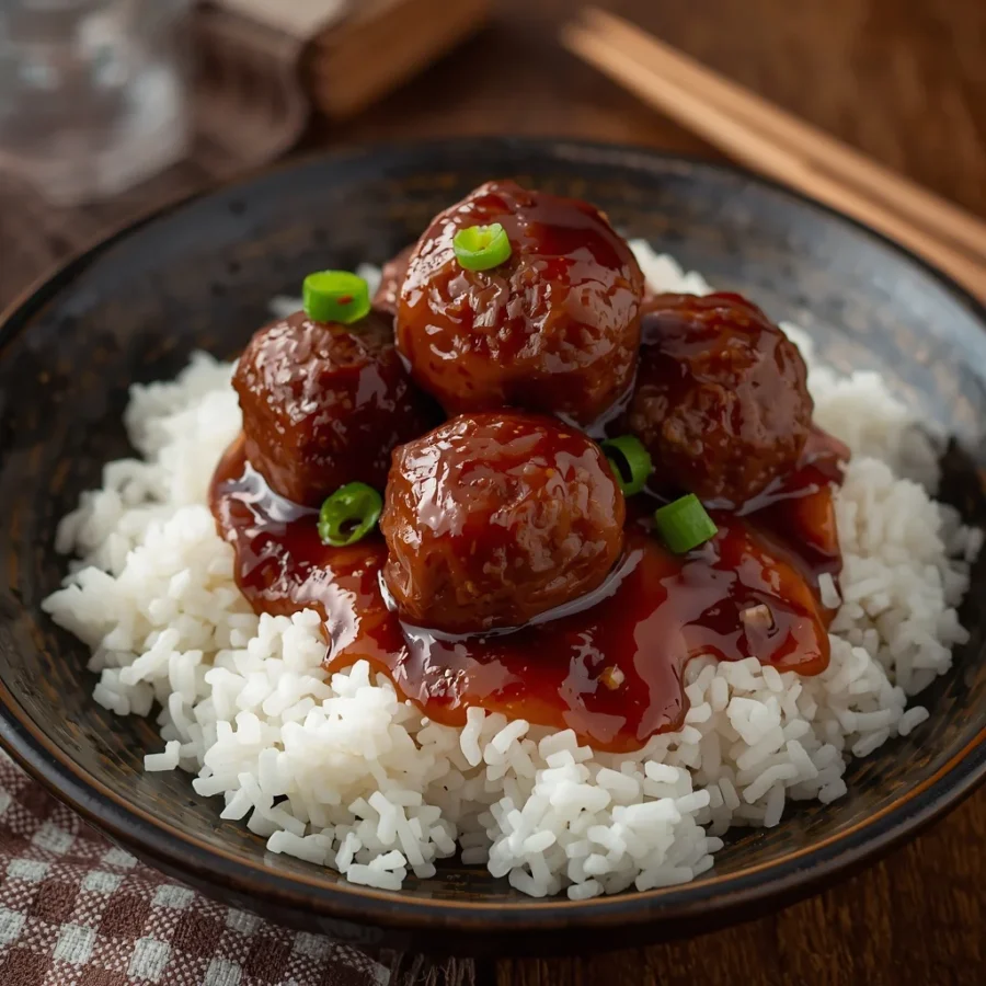 Crispy Sticky Mongolian Beef Meatballs over Rice