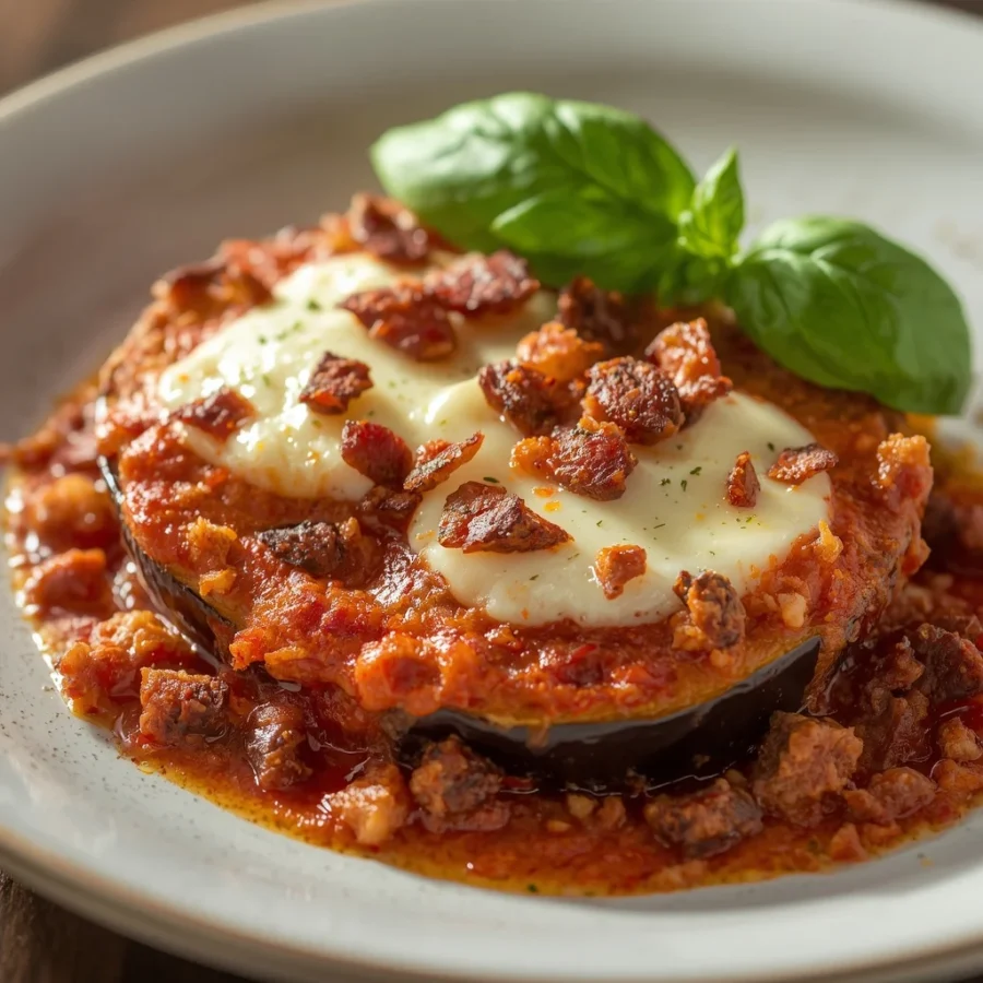 Eggplant Parmesan with Halal Beef Bacon Crumble