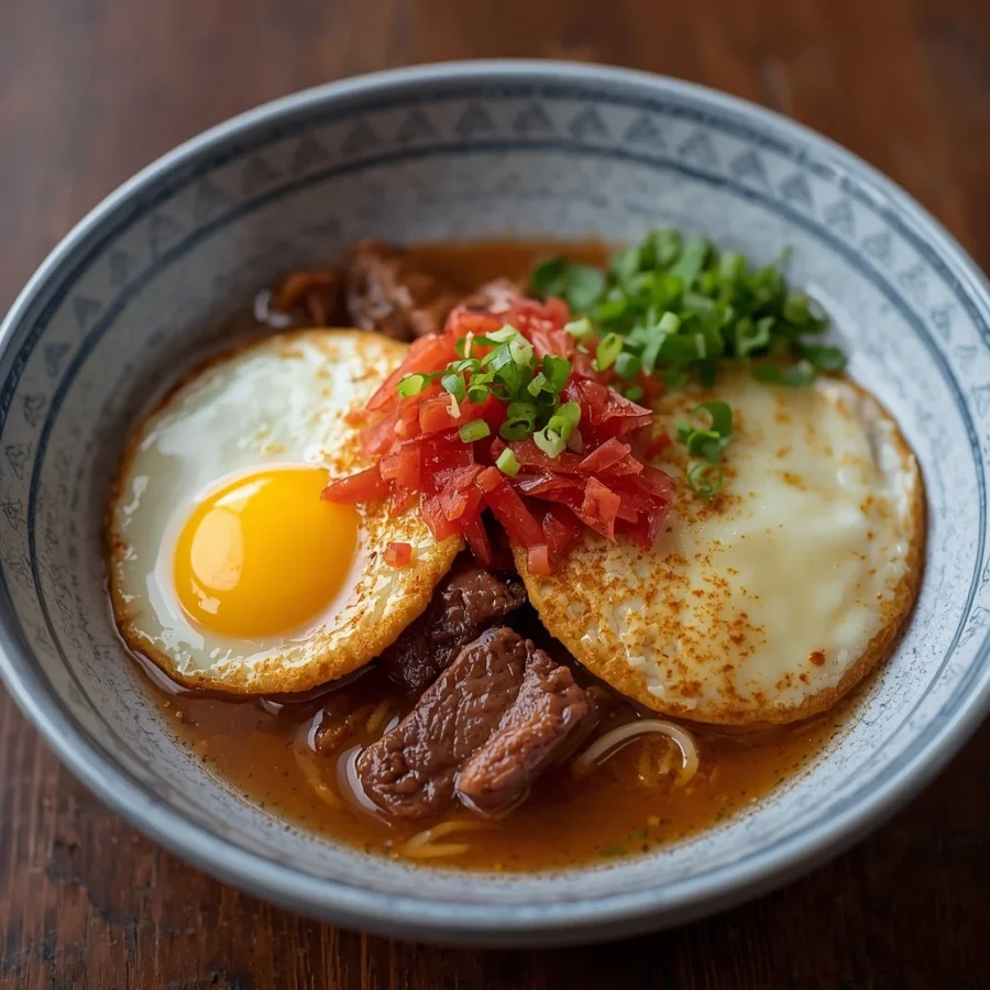 Gochujang Beef Noodles with Crispy Fried Eggs