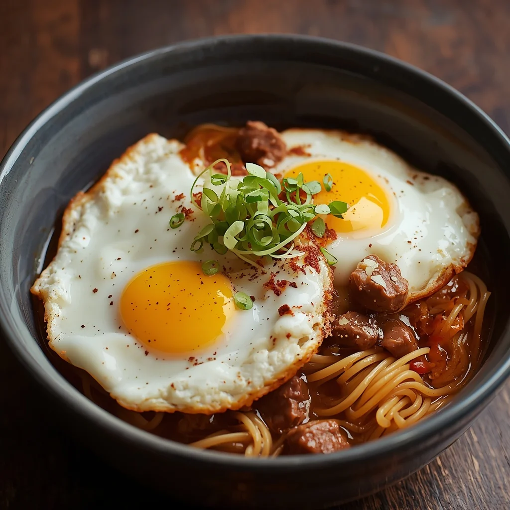 Gochujang Beef Noodles with Crispy Fried Eggs